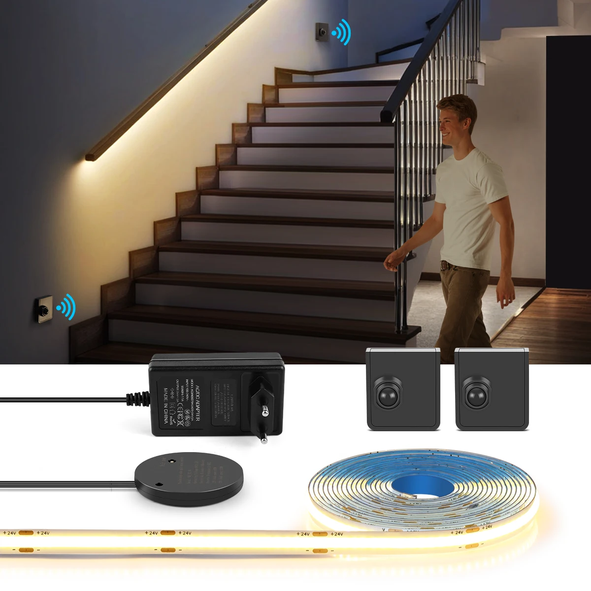 LED-Licht mit beweglichen Ein-/Doppelsensoren, Nachtlichter, COB-Lampe, 220 V, 110 V bis DC 24 V, PIR-Bewegungsmelder, Treppen, Schlafzimmer, Nachtlicht