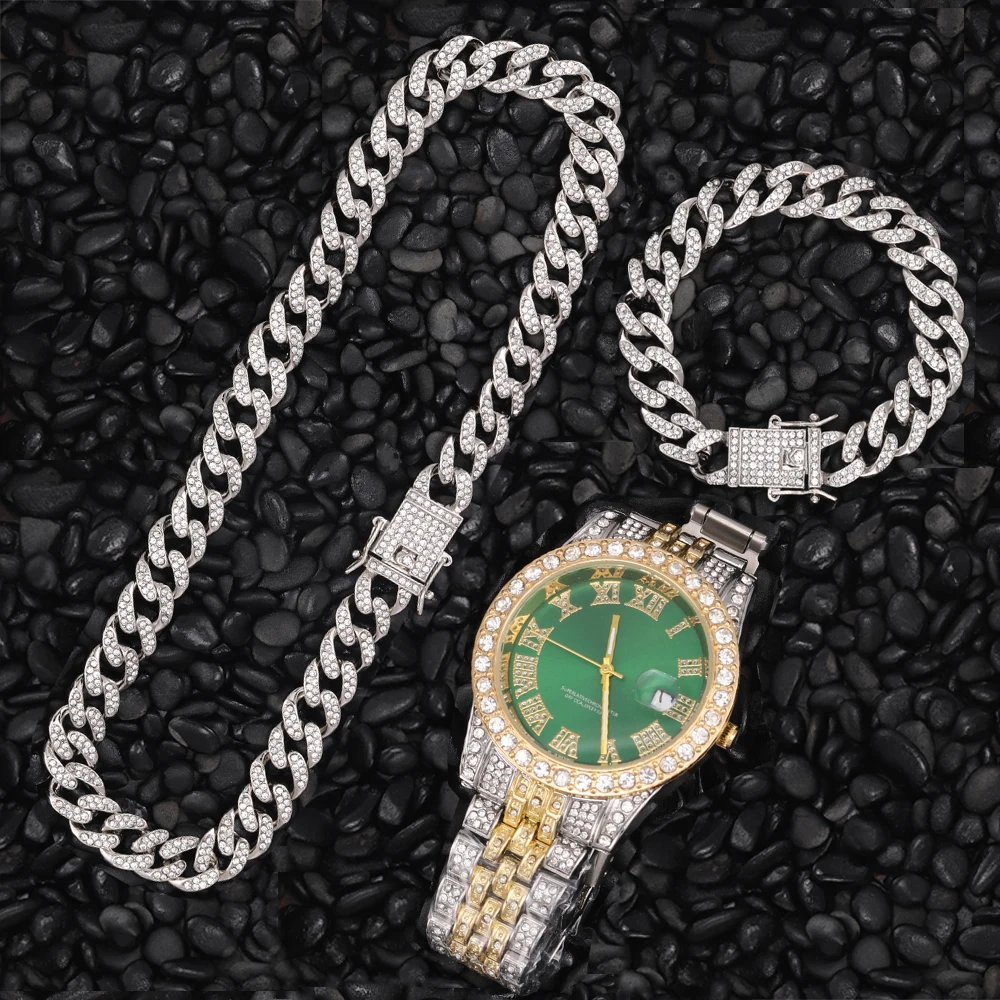 Halskette + Uhr + Armband Hip Hop Miami Curb Kubanische Kette Gold Iced Out Gepflasterte Strass CZ Bling Rapper für Männer Schmuck 20 Zoll
