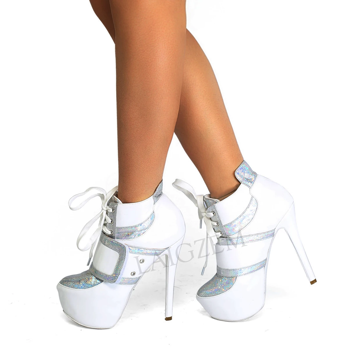 LAIGZEM SUPER Plattform Booties Schnüren Bequeme Stiletto High Heel Ankle Booties Damen Schuhe Botines Mujer Große Größe 39 52