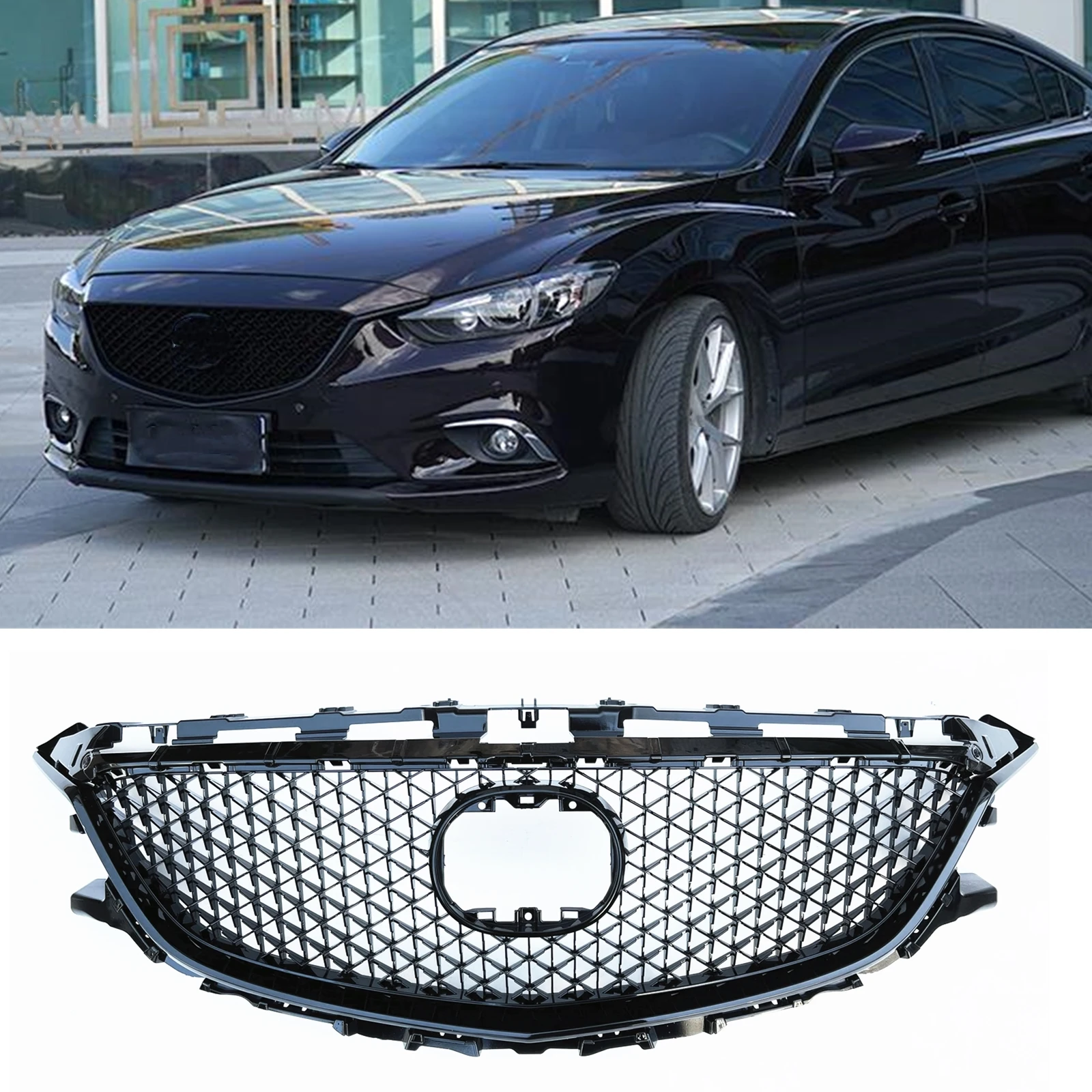 Frontgrill Racing für Mazda 6 2014–2016 2015, Wabenstil, schwarzes Auto, obere Stoßstange, Haube, Ansaugabdeckung, Netz-Set, Gitter Image