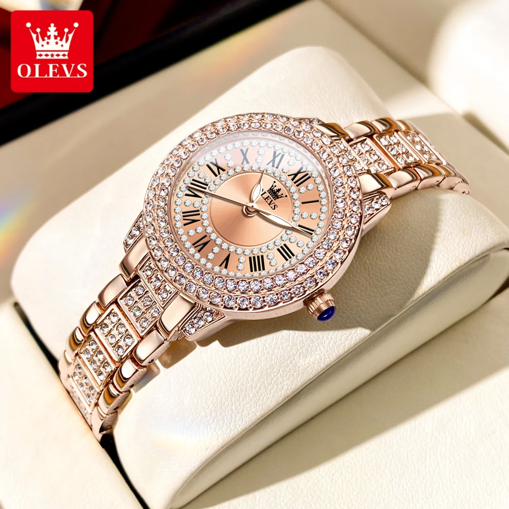 Olevs 9943 Roségold Damen uhr Edelstahl wasserdichte Voll diamant Quarzuhr für Damen Set Geschenk Image
