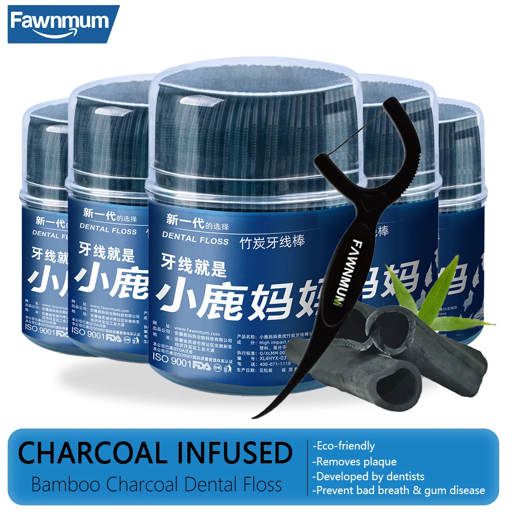 50Pcs Fawnmum Zahnreinigung Bambuskohle Zahnseide Picks Barreled Interdentalbürste Für Zahnpflege Zahnstocher Mit Threa Image