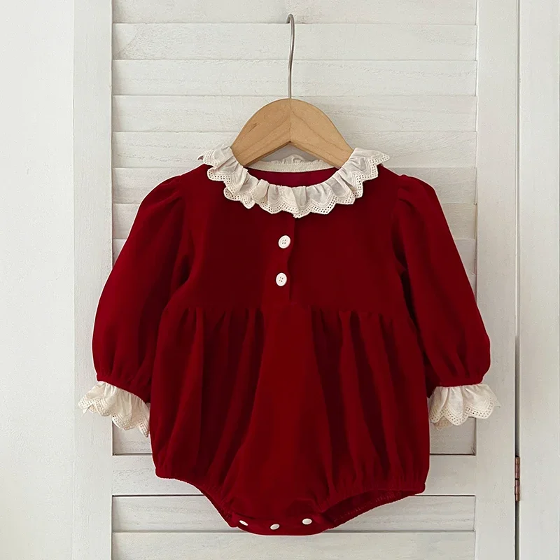 Weihnachten Baby Mädchen Outfit Stram pler Spitze Kragen Overall Neujahr rot Spiel anzug Weihnachten Pullover Bodys Herbst Winter Kinder kleidung Image