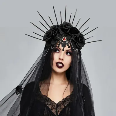 Erwachsene weibliche Schädel Goddes Vampir Königin Halo Kopf bedeckung Krone schwarz Gothic Tag des toten Blumen Stirnband mit Schleier Image