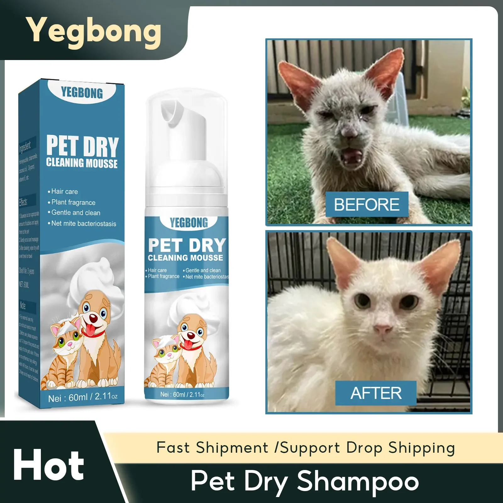 Pet Dry Shampoo Puppy Kitten Dry Cleaning Foam Shampoo Sichere bathtlose Reinigung Geruchsbeseitiger Juckreizlinderung Pet Grooming Supplies Image