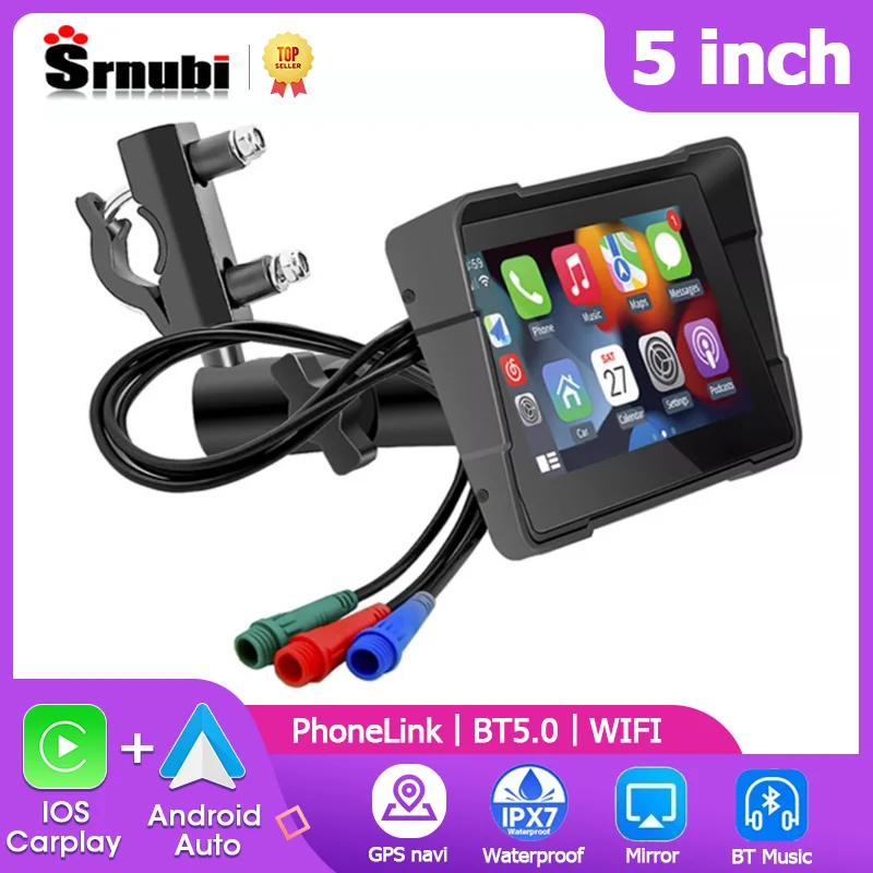 Srnubi 5 "tragbares motorrad dvr drahtloses apfel carplay android auto display ipx7 wasserdichter dual bluetooth gps monitor Image