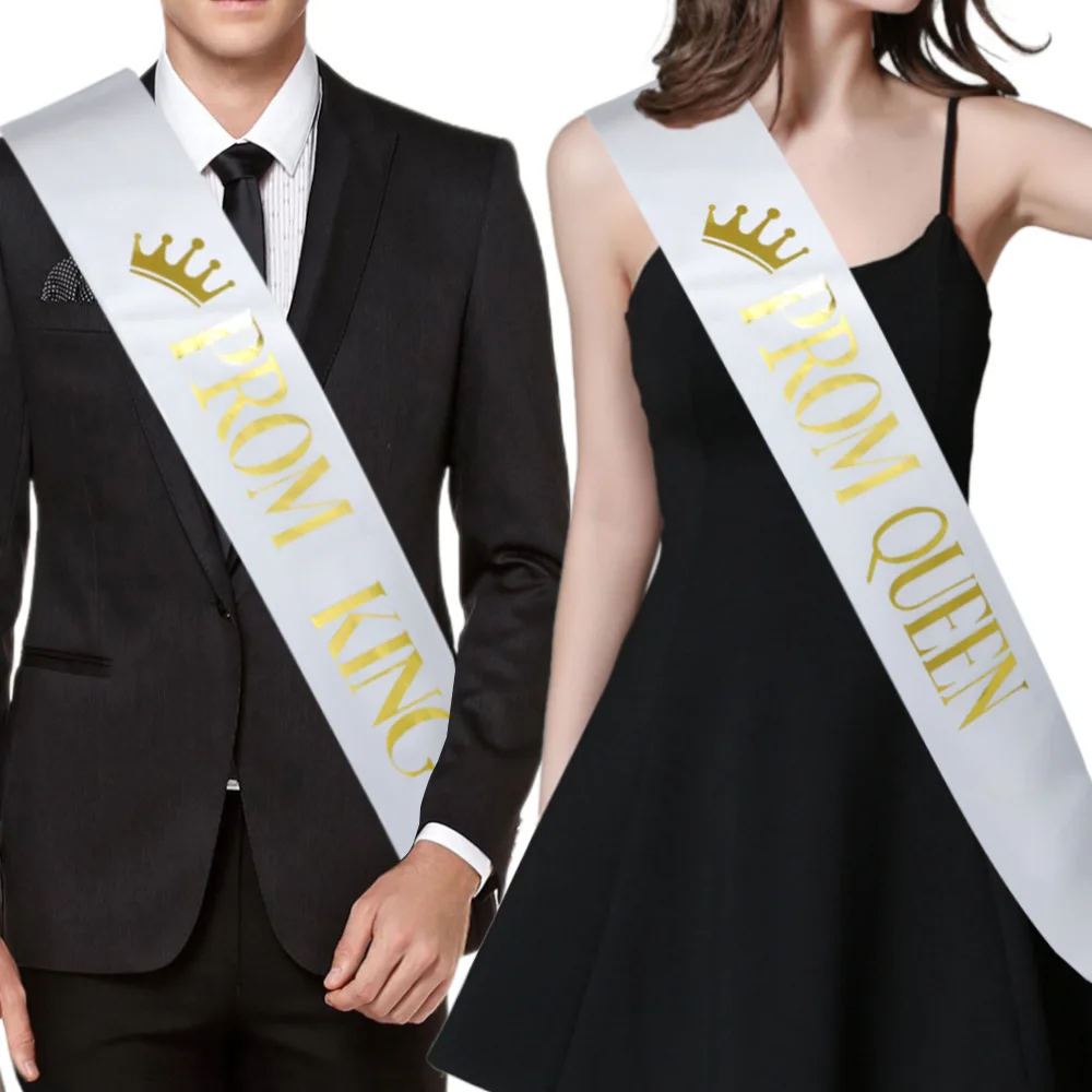 Schärpen für Abschlussball, König und Königin, für Abschlussfeier, Geburtstag, Junggesellenabschied, Zubehör, schwarz-weiße Satinschärpe mit Buchstaben aus Goldfolie Image