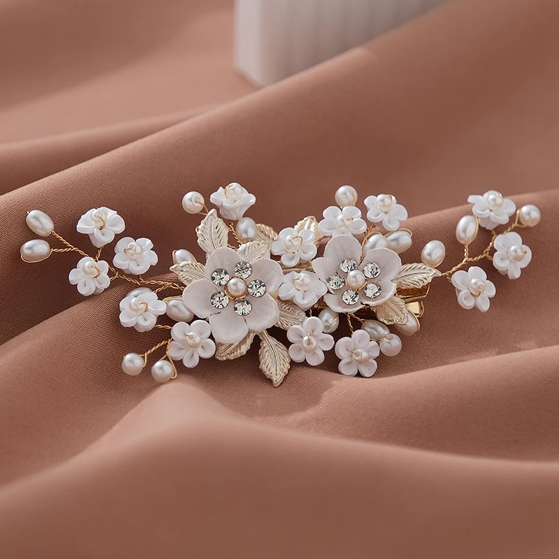 Klassische handgemachte Strass Perlen Blume Haars pangen Braut Hochzeit Haarschmuck Zubehör Brautjungfer Tiara Kopf bedeckungen Image