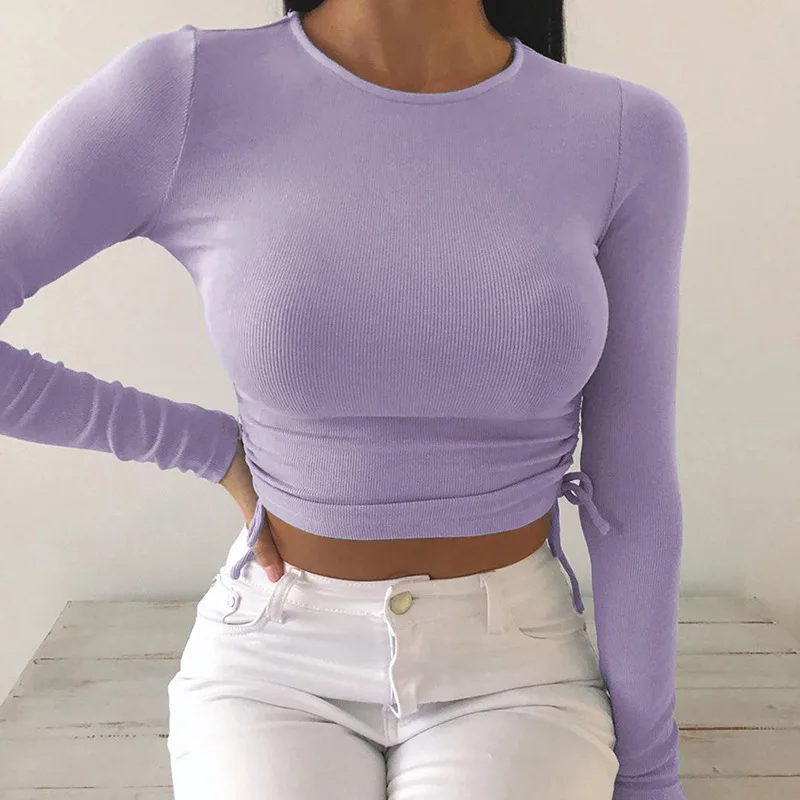 Sexy O-Ausschnitt Langarm Bodycon Cropped Tops Herbst Frauen unregelmäßigen Kordel zug Bandage gestrickt festes T-Shirt Image