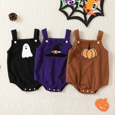 0-18M 1st Halloween Baby Costumes Newborn Infant Boy Girl Pumpkin Ghost Print Jumpsuit Corduroy