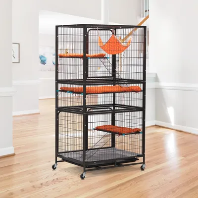 4-Story Pet Cage, Bunny Hutch with Ladder, Lockable Wheels and Removable Tray, Black and Orange