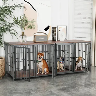 Heavy Duty Dog House End Table Furniture with Four Doors and Lock Latches Divider Wood Metal Pet