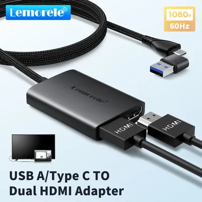 Lemorele Type C/USB3.0 to Dual HDMI Adapter 1080P 60Hz Extend 2 Different Screen for Apple M1 M2 Mac