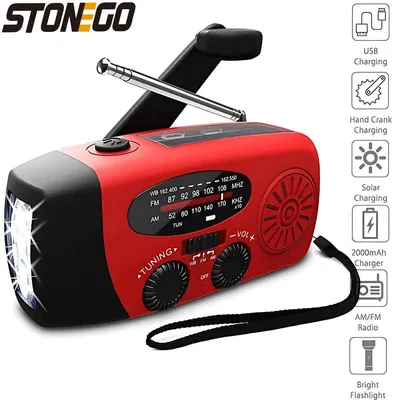 2000mAh Portable Radio, Hand Crank Solar USB Rechargeable, FM AM NOAA, Emergency LED Flashlight,