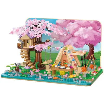 Cherry Blossom Tree House Building Set, Girls with Friends Camping Building Blocks, Creative Forest