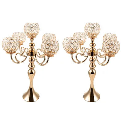 2 Pack 5 Arm Crystal Candelabra Centerpieces for Tables 21.5 inch Tall Metal Gold Candlestick Stand