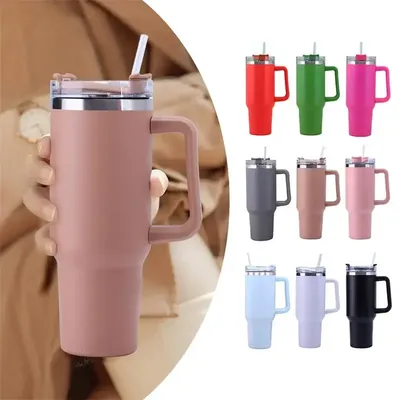 40oz Straw Coffee Tea Insulation Cup With Handle Portable Car Stainless Steel Water Bottle Travel