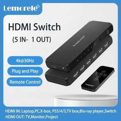 Lemorele HDMI Switch Splitter 5-port HDMI 4K Switcher Selector Box 5 in 1 out with IR Remote HDR