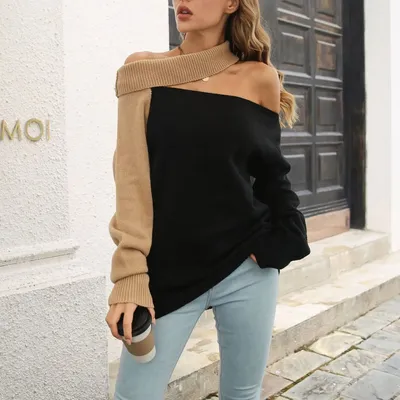 Fashion Knitted Sweater Women 2023 New Autumn Halter Neck Off-Shoulder Pullovers Sweater Long Sleeve