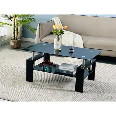 Living Room Rectangle Coffee Table, Tea Table, Modern Side Coffee Table with Wooden Leg, Glass