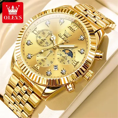 OLEVS Brand Luxury Original Men's Watches Waterproof Moon Phase Quartz Watch Luminous Gold Stainless