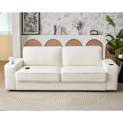 Couch, 89in Comfy with Cup Holders & USB Charging Ports, Offwhite Couch- Deep Seat Sofa for Living
