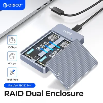 ORICO RAID Dual Bay M.2 SSD Enclosure Case Support M2 NGFF SATA SSD Support PM/RAID 0/RAID 1/JBOD