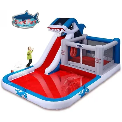 Shark Park 19x11 Inflatable Water Park Bouncer Blower Climbing Wall Slide Splash Area - Huge