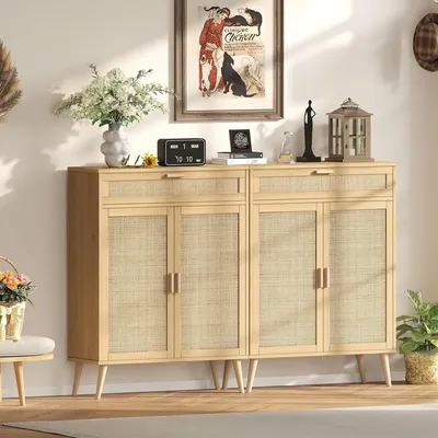 Set of 2 Floor Storage Cabinet with Rattan Doors, Accent Bathroom Cabinet with Large Drawer,