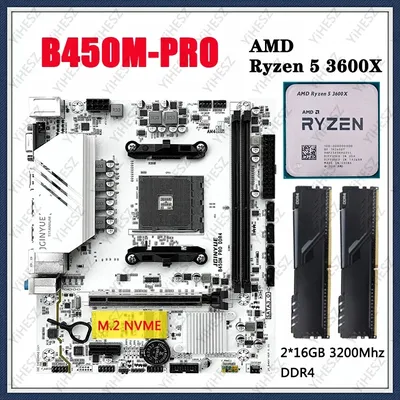 JGINYUE B450M PRO AM4 Motherboard Kit With AMD Ryzen R5 3600X CPU Processors 2*16GB=32GB DDR4 Dual