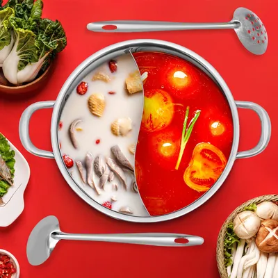 32cm Stainless Steel Hot Pot with Divider/Glass Lid and Spoon/ Leaky Spoon Large Capacity Suitable