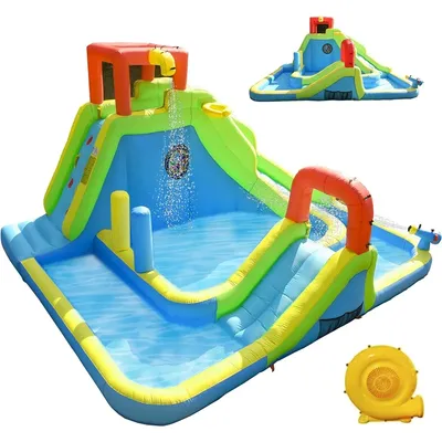 Inflatable Water Slide Park, Large Kids Water Castle Fun Bouncy House with Dual Pools and Slides,