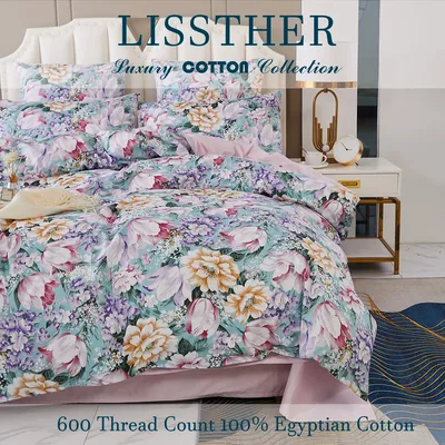 3pcs 600 TC 100% Egyptian Cotton Duvet Cover Set (Without Core),Pastel Pink and Blue Dreamy Garden