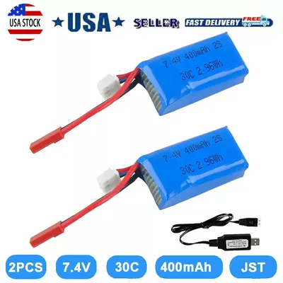 2 Packs 7.4V 400mAh 30C 2S Lipo Battery JST plug for RC Airplane Quadcopter Micro FPV Drone