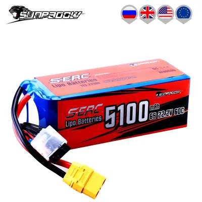 SUNPADOW 6S RC Lipo Battery 22.2V 60C 5100mAh with XT90 Connector for RC Airplane Aircraft