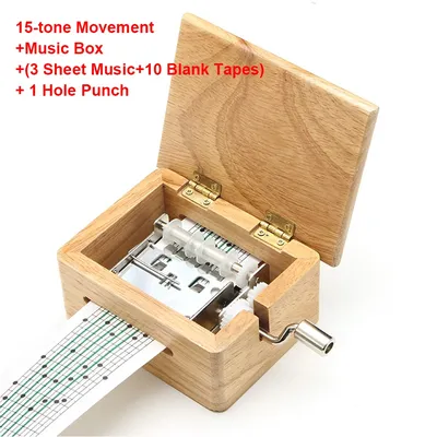 15 Tone Music Box DIY Hand-cranked Wooden Box With Hole Puncher 10pcs Paper Tapes Music Movements