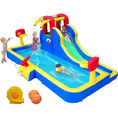 Inflatable Water Park with Blower, Slide with Water Cannon and Double Basketball Rings