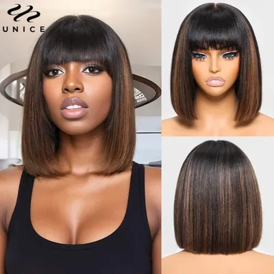 Unice Balayage Highlight Yaki Straight Bob Wig With Bangs Real Scalp Middle Part 4x2 Lace Wig 100%