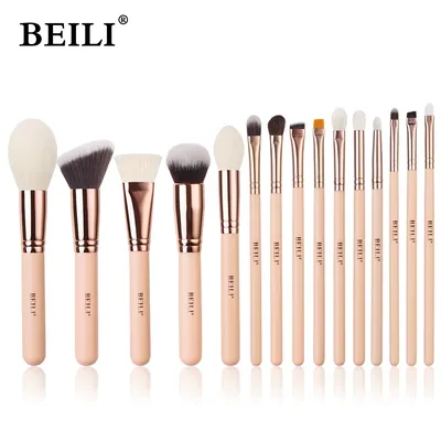 BEILI 15Pcs Rose Gold Makeup Brushes Pink Natural Goat Hair Foundation Powder Blush Eyeshadow Brush