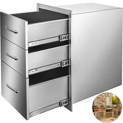 SucceBuy Stainless Steel Outdoor Kitchen Drawer With Handle Triple Layer for BBQ Island Grilling Cabinet Storing Cookware