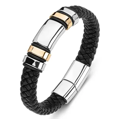 Fashion Woven Leather Rope Wrap Bracelet Classic Stainless Steel Men's Leather Bracelet Leather