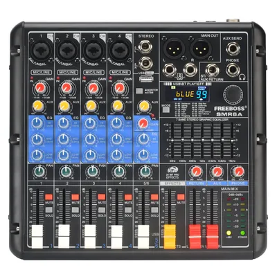 FREEBOSS 6 Channel Sound Audio Mixer 99 DSP Effect Bluetooth 7 Band EQ Mute Solo Mixing Console USB