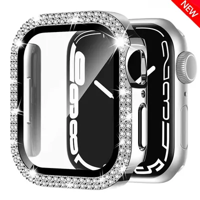 Diamond Bling Cover For Apple watch Case 45mm 41mm 38mm 42mm 44mm 40mm HD Tempered Glass+Bumper
