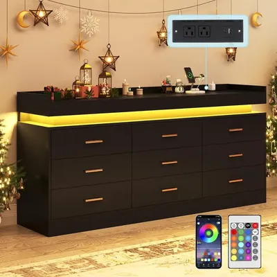 9 Drawer Dresser with Charging Station and LED Lights, Modern Chest of Drawers with Power Outlet,