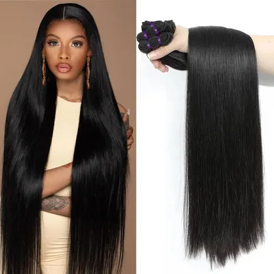 LuvinStraight Weave Bundle Human Hair 30 32 Inch Bone Brazilian Natural Color 100% Remy Human Hair