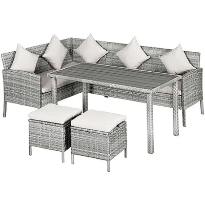 5 Piece Patio Furniture Set, Outdoor Dining Table Set with L-Shaped Sectional Sofa, 2 Ottomans,