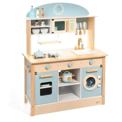 Robotime Wooden Play Kitchen Set Pretend Play Kitchen Wooden Toy Set with Dishwasher for Boys and