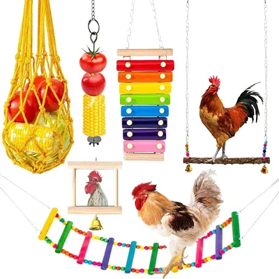 6Pcs Parrot Playing Training Toys Chicken Toys Set Chewing Foraging Toys with Wooden Swing Fruit