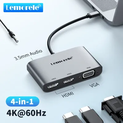 Lemorele 2 Port USB C Hub to Dual HDMI 4K 60HZ Dual Screen Expansion Type C VGA Docking Station For