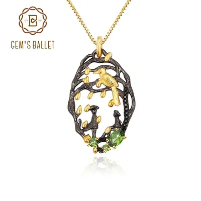 GEM'S BALLET Black & 18k Gold Over 925 Silver Two Tone Handmade Bird Bud Tree Natural Chrome